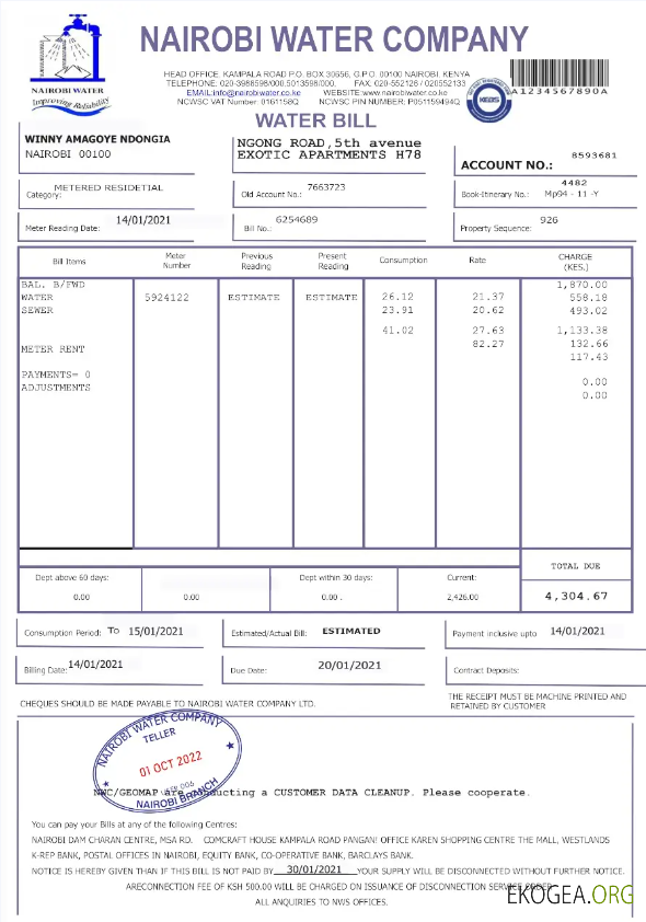 Kenya Nairobi water utility bill word and pdf template